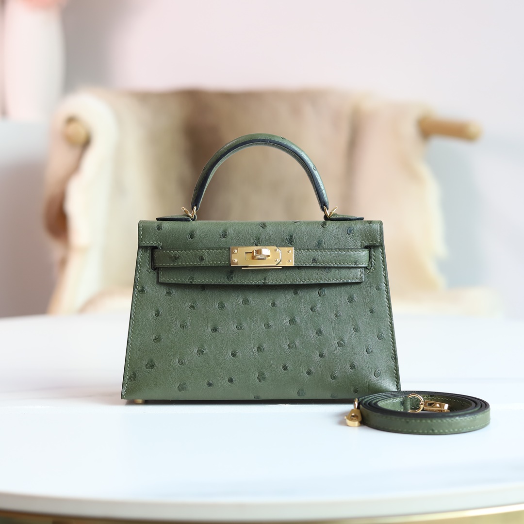 MINI KELLY 20 6H OLIVE GREEN OSTRICH GHW