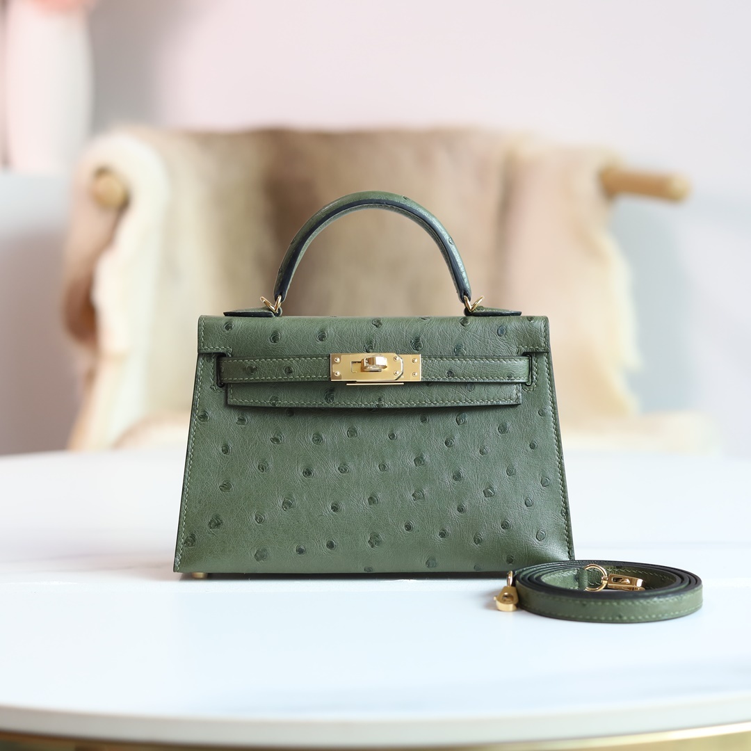 MINI KELLY 20 6H OLIVE GREEN OSTRICH GHW