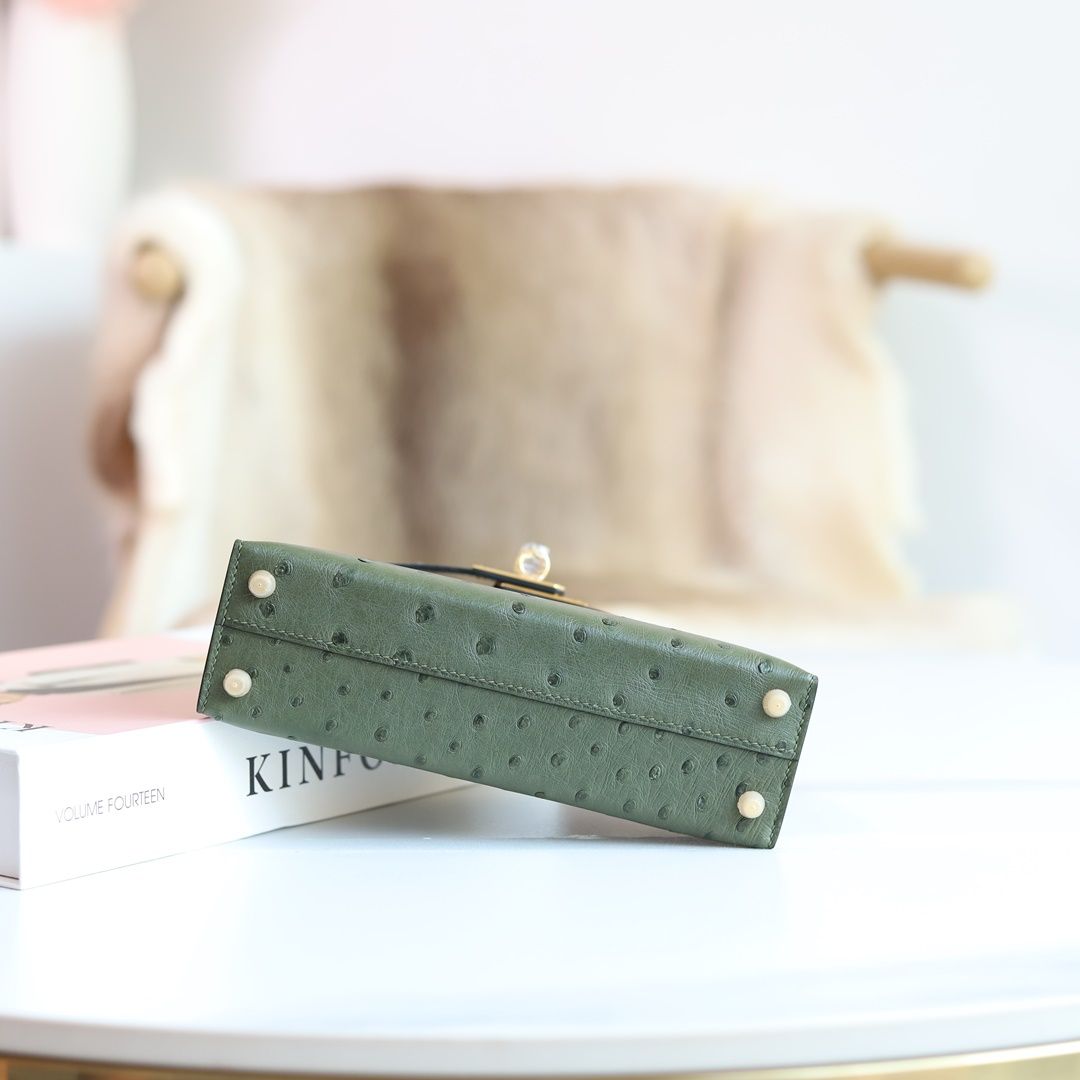 MINI KELLY 20 6H OLIVE GREEN OSTRICH GHW