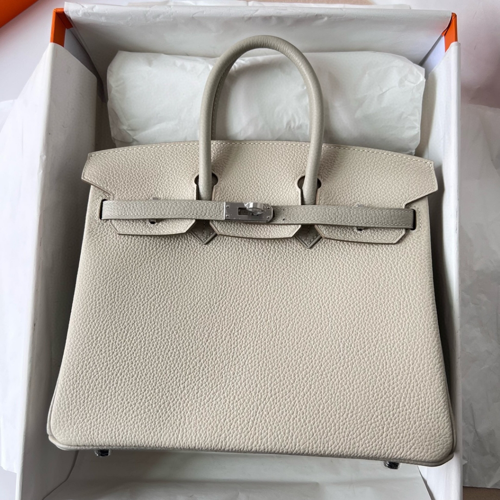 BIRKIN 25CM TAURILLON CLEMENCE 10 CRAIE/80 GRIS PERLE BRUSHED SILVER HARDWARE