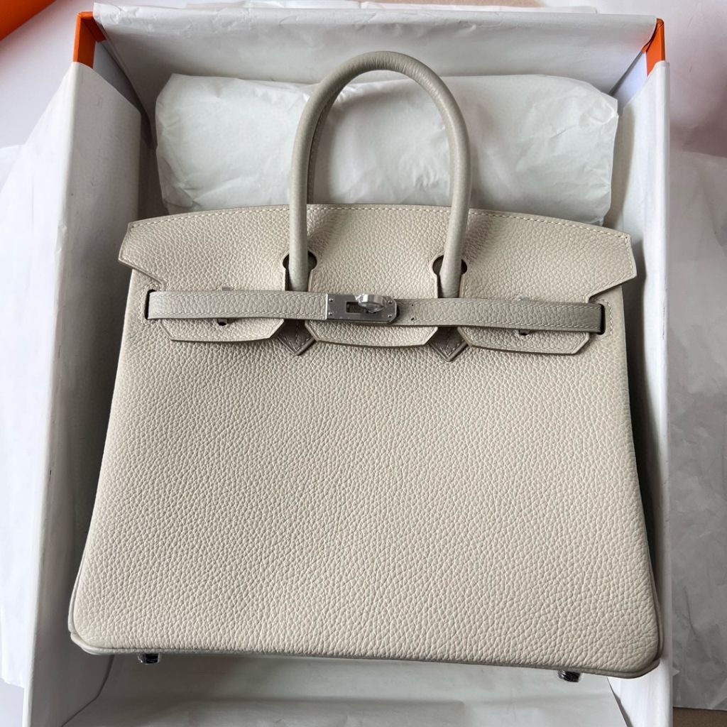 BIRKIN 25CM TAURILLON CLEMENCE 10 CRAIE/80 GRIS PERLE BRUSHED SILVER HARDWARE