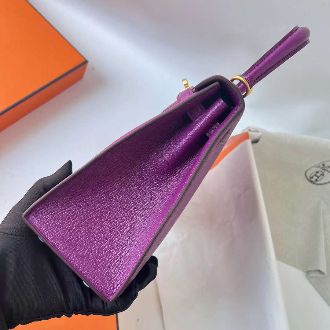 KELLY CHEVRE P9 ACTINIAE PURPLE GOLD HARDWARE GHW 25CM FULL HANDMADE