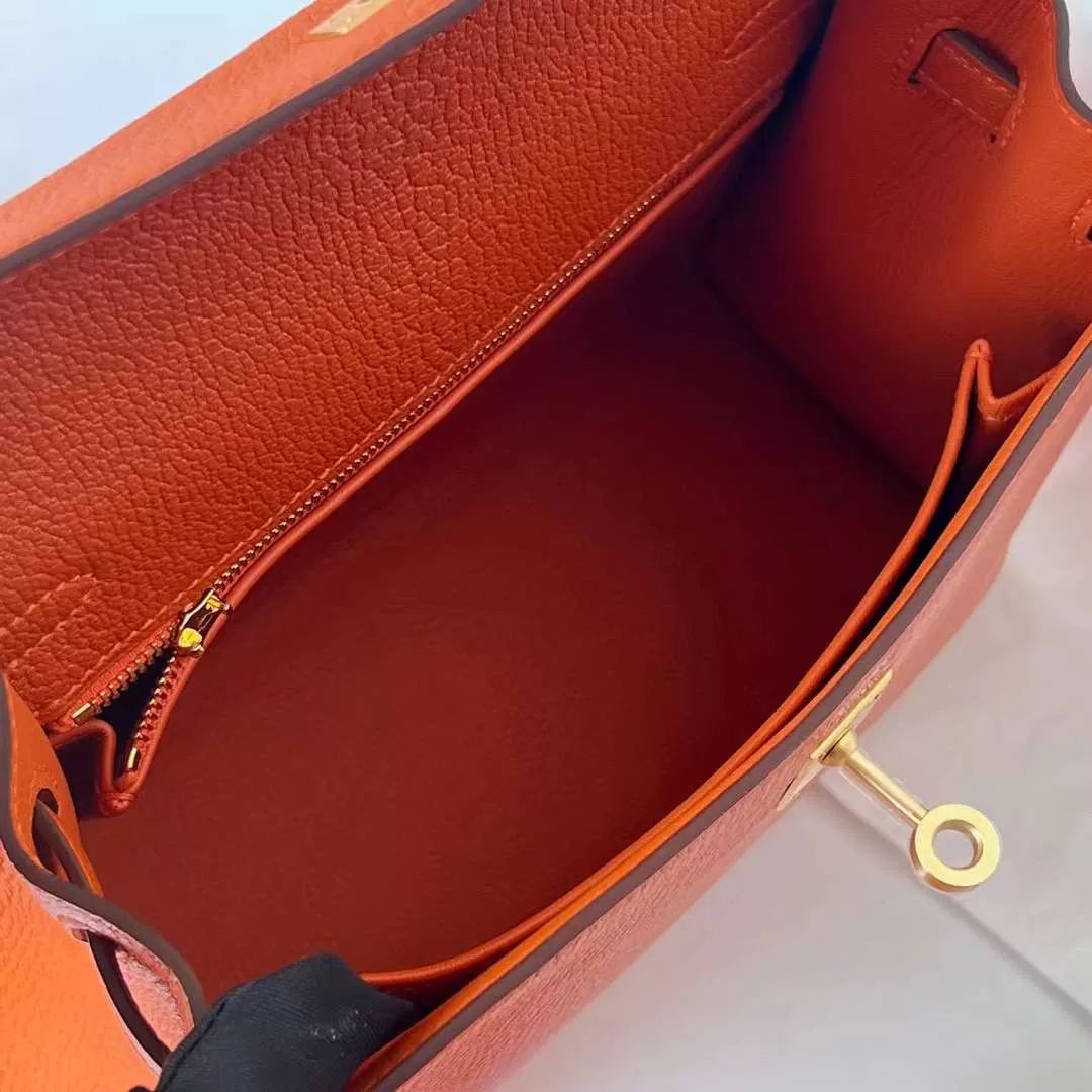 KELLY CHEVRE CK93 ORANGE GOLD HARDWARE GHW 25CM FULL HANDMADE