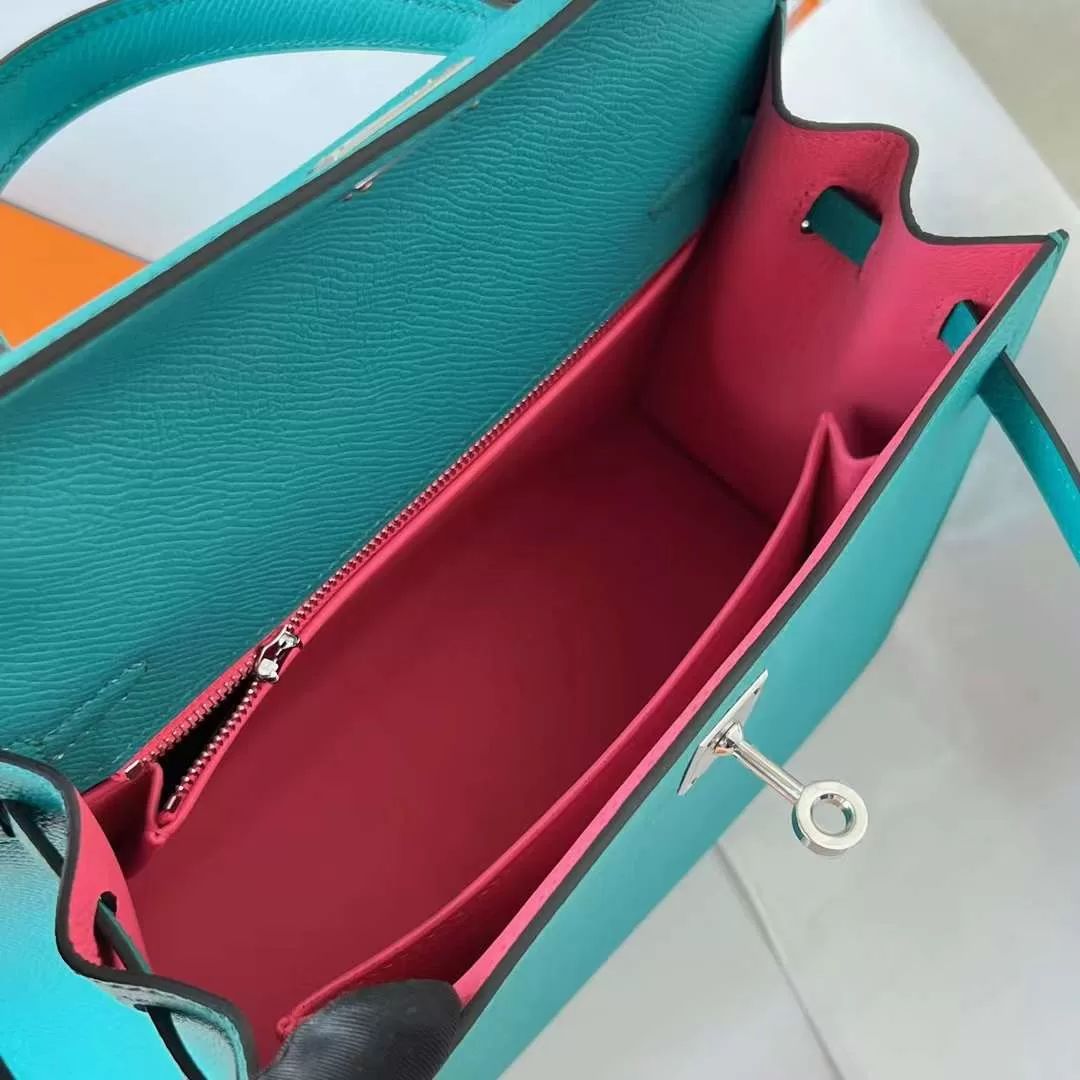 KELLY EPSOM U1 VERONA GREEN & 8W NEW LIPSTICK PINK SILVER HARDWARE PHW 25CM FULL HANDMADE