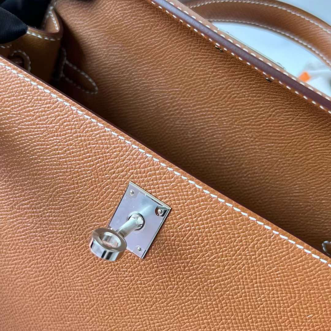 KELLY EPSOM CK37 GOLDEN BROWN SILVER HARDWARE PHW 25CM FULL HANDMADE