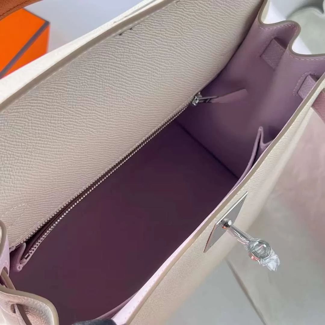 KELLY EPSOM CK10 CREAMY WHITE & 09 LIGHT PURPLE PINK & CK37 GOLDEN BROWN SILVER HARDWARE PHW 28CM FULL HANDMADE