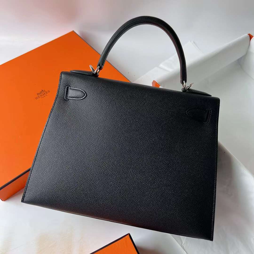 KELLY EPSOM CK89 BLACK NOIR SILVER HARDWARE PHW 28CM FULL HANDMADE