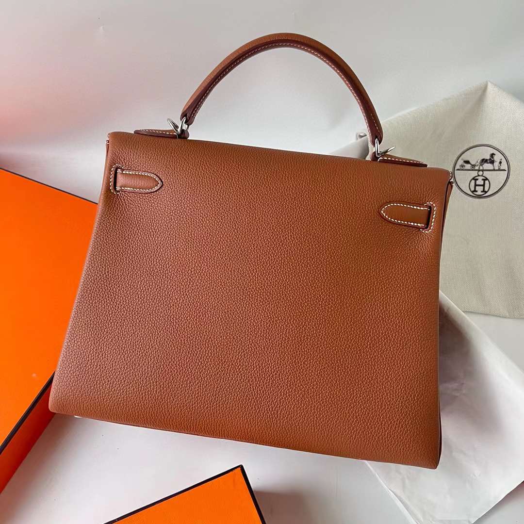 KELLY TOGO CK37 GOLDEN BROWN SILVER HARDWARE PHW 32CM FULL HANDMADE