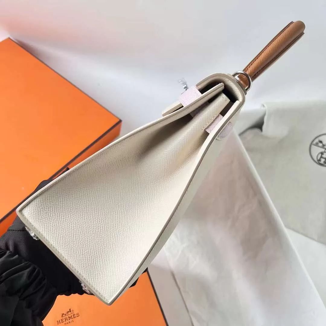 KELLY EPSOM CK10 CREAMY WHITE & 09 LIGHT PURPLE PINK & CK37 GOLDEN BROWN SILVER HARDWARE PHW 28CM FULL HANDMADE