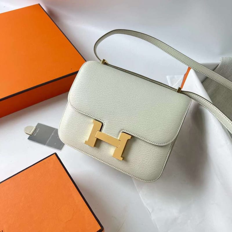 CONSTANCE MIRROR STYLE CHEVER 0T MUSHROOM WHITE & 4B KHAKI GOLD HARDWARE GHW 18CM FULL HANDMADE