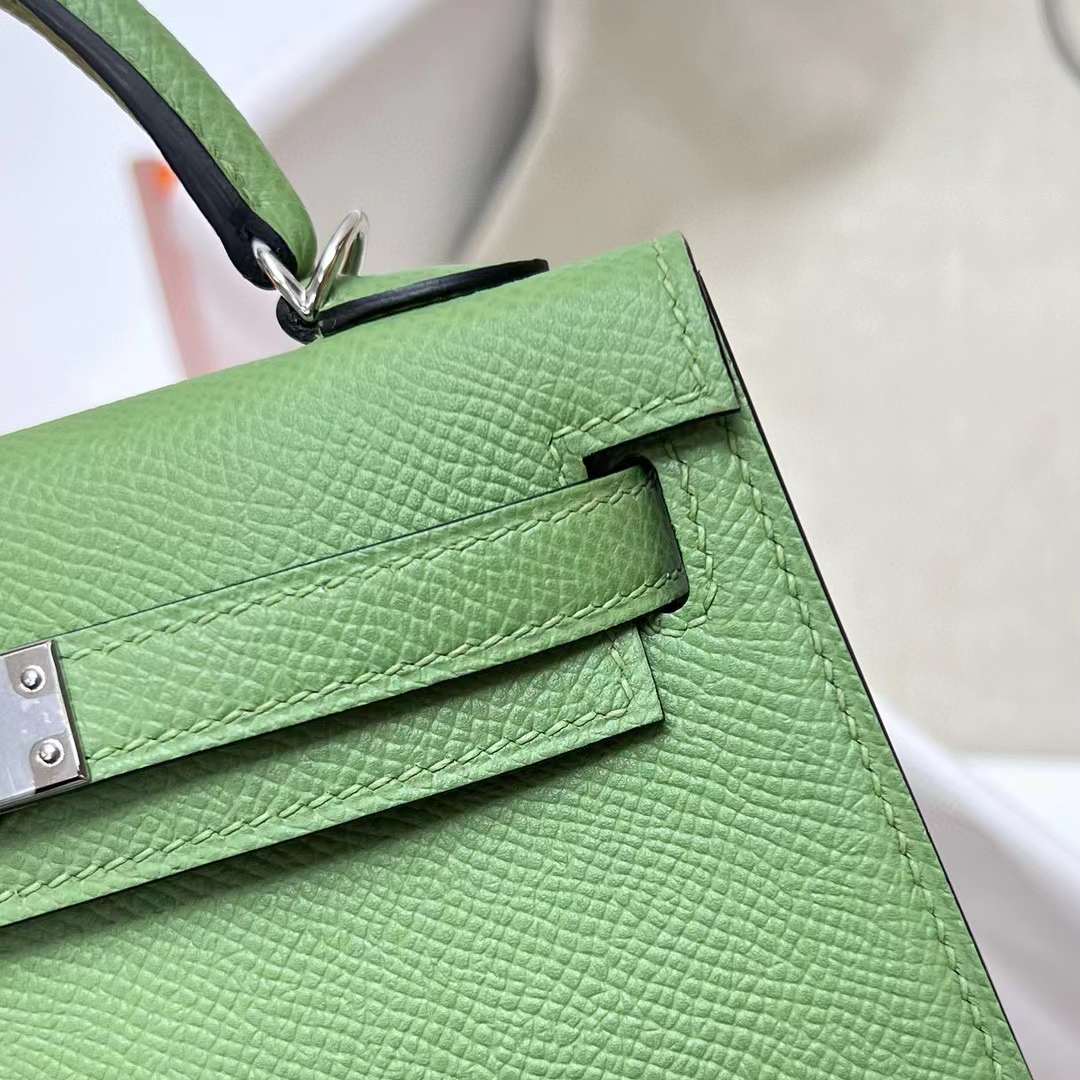 MINI KELLY EPSOM I3 AVOCADO GREEN SILVER HARDWARE PHW 19CM FULL HANDMADE
