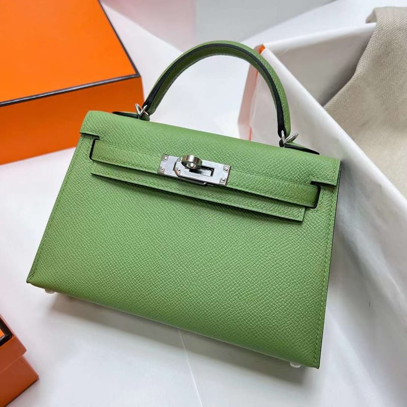 MINI KELLY EPSOM I3 AVOCADO GREEN SILVER HARDWARE PHW 19CM FULL HANDMADE