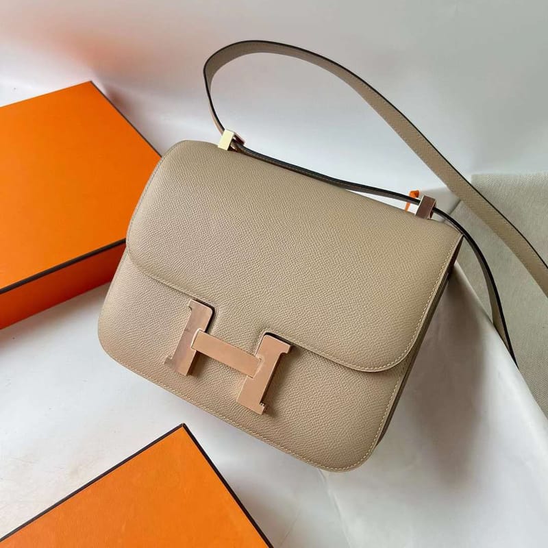 CONSTANCE EPSOM S3 LIGHT KHAKI & APRICOT ROSE GOLD HARDWARE RGHW 24CM FULL HANDMADE