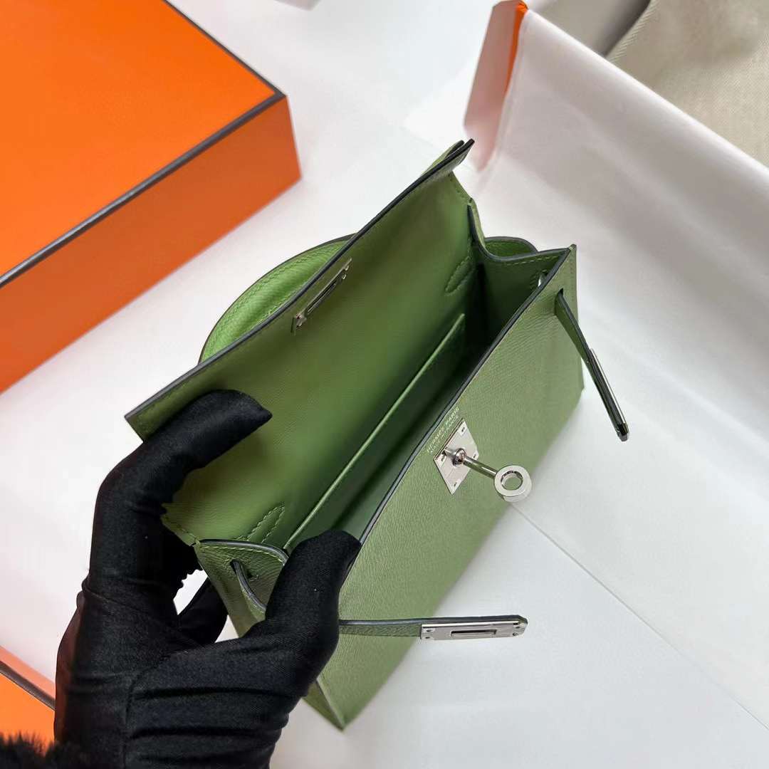 MINI KELLY EPSOM I3 AVOCADO GREEN SILVER HARDWARE PHW 19CM FULL HANDMADE