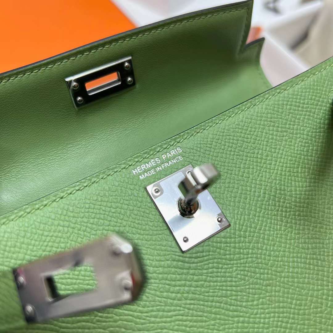 MINI KELLY EPSOM I3 AVOCADO GREEN SILVER HARDWARE PHW 19CM FULL HANDMADE