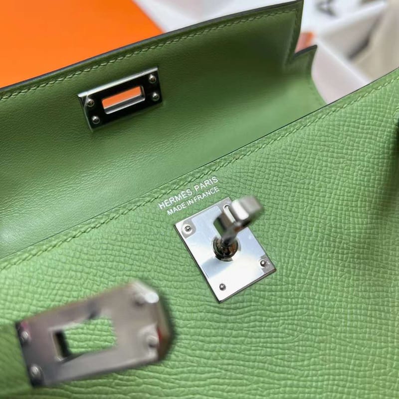 MINI KELLY EPSOM I3 AVOCADO GREEN SILVER HARDWARE PHW 19CM FULL HANDMADE