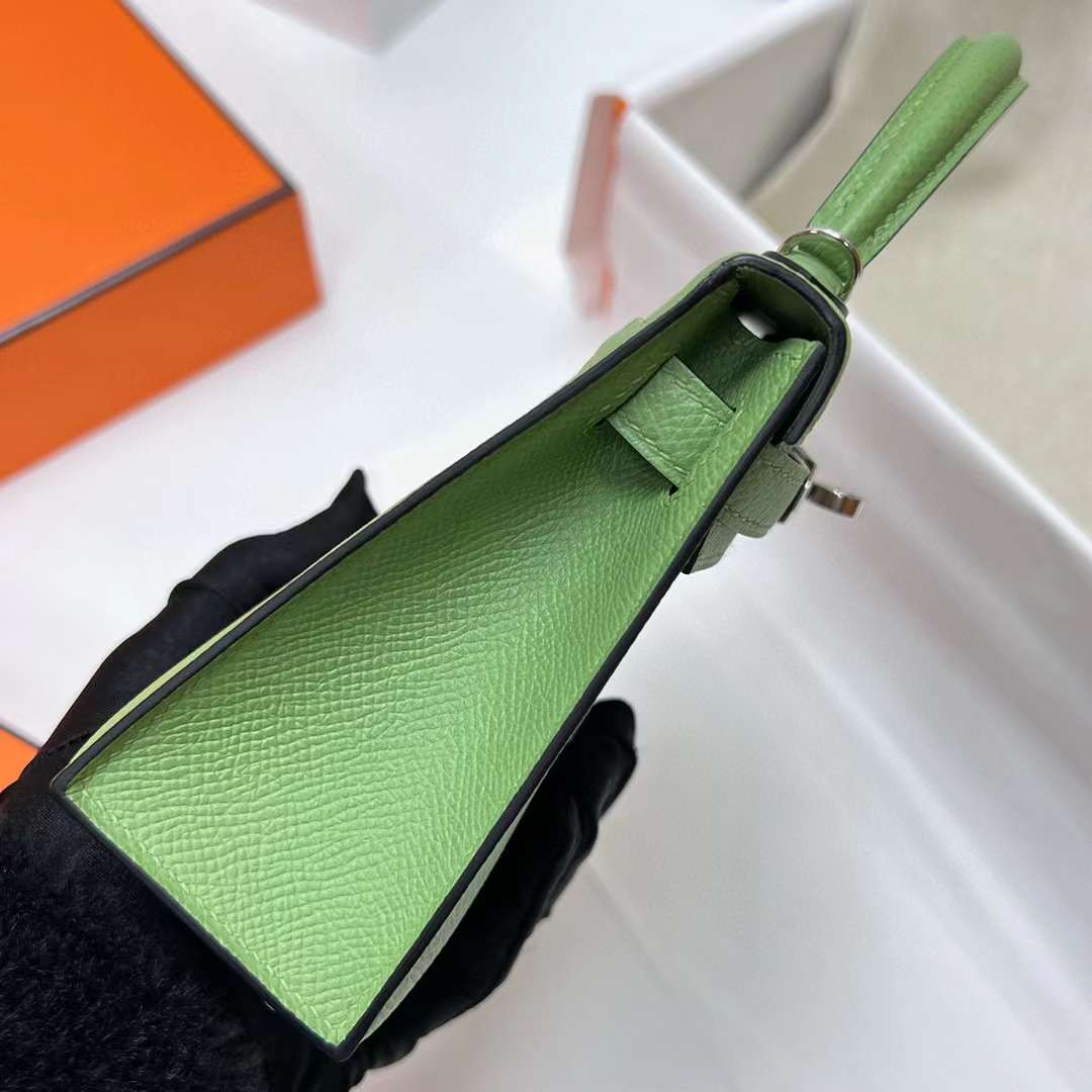 MINI KELLY EPSOM I3 AVOCADO GREEN SILVER HARDWARE PHW 19CM FULL HANDMADE