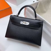 MINI KELLY EPSOM CK89 BLACK SILVER HARDWARE PHW 19CM FULL HANDMADE