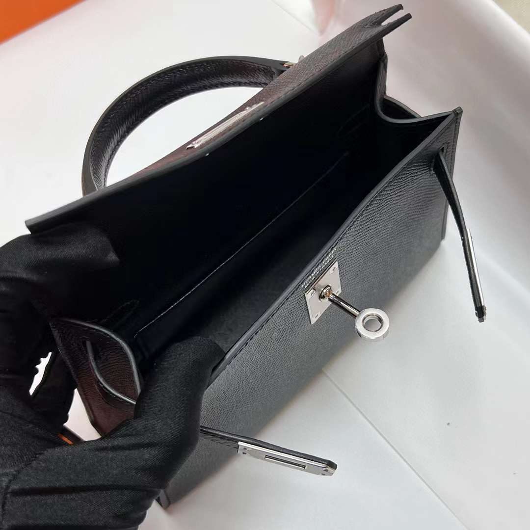 MINI KELLY EPSOM CK89 BLACK SILVER HARDWARE PHW 19CM FULL HANDMADE