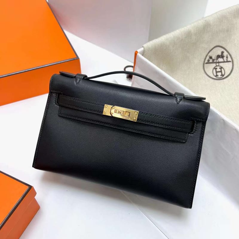Kelly Pochette Swift Ck89 Black Gold Hardware Ghw 22cm Full Handmade