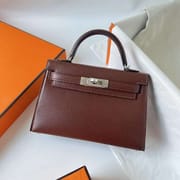 MINI KELLY CHEVRE CK41 REDDISH BROWN SILVER HARDWARE PHW 19CM FULL HANDMADE
