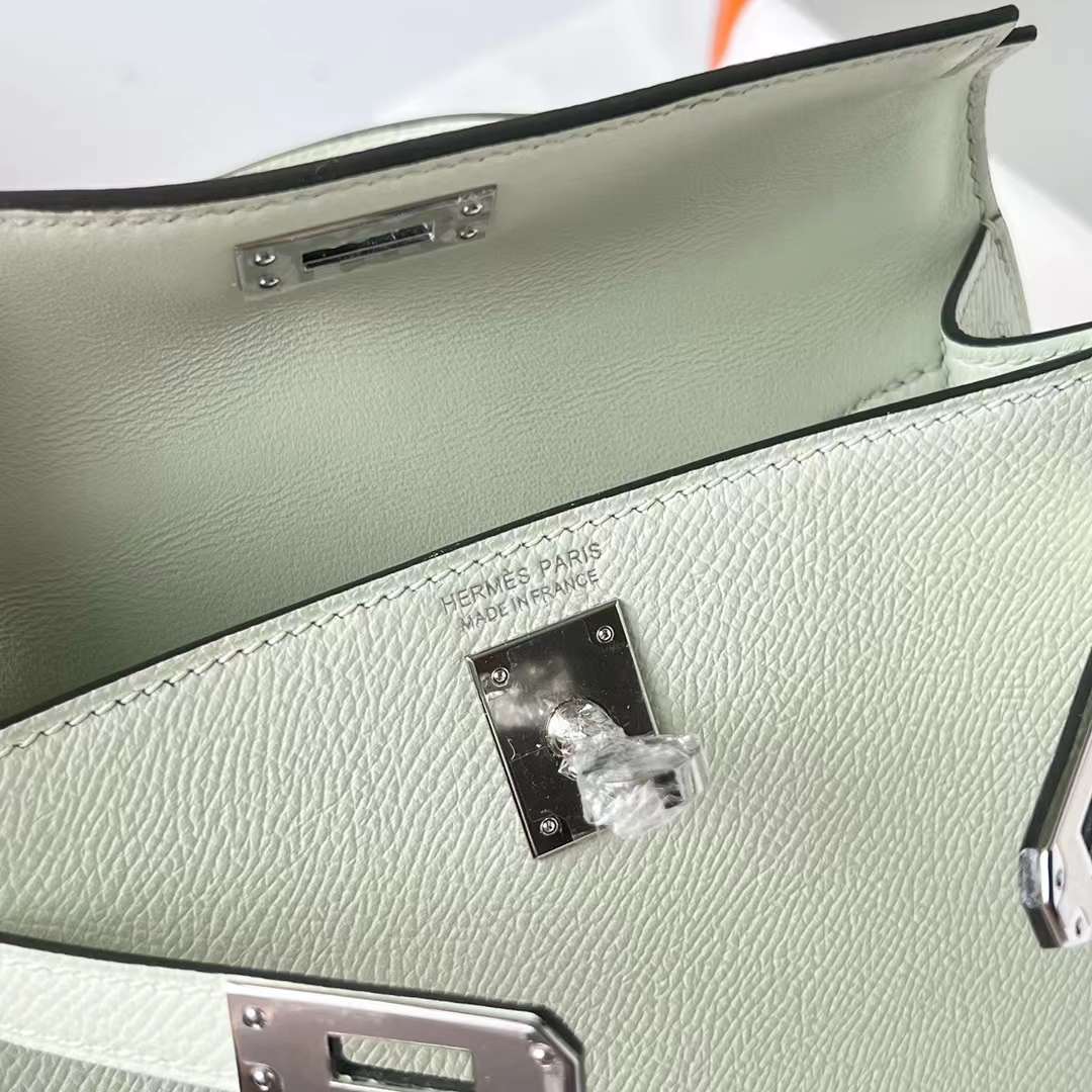 MINI KELLY EPSOM 0S LIGHT GREEN SILVER HARDWARE PHW 19CM FULL HANDMADE