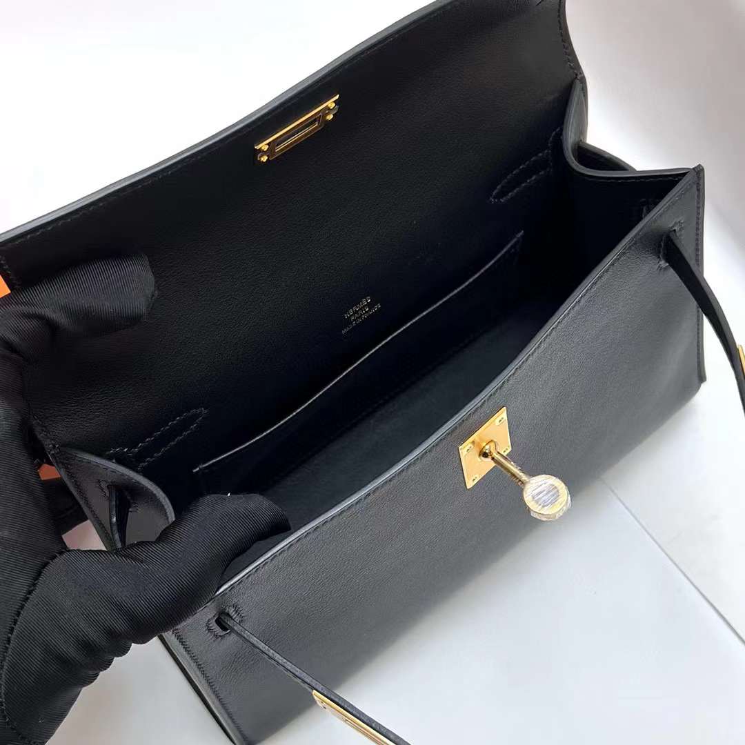 MINI KELLY POCHETTE SWIFT CK89 BLACK GOLD HARDWARE GHW 22CM FULL HANDMADE
