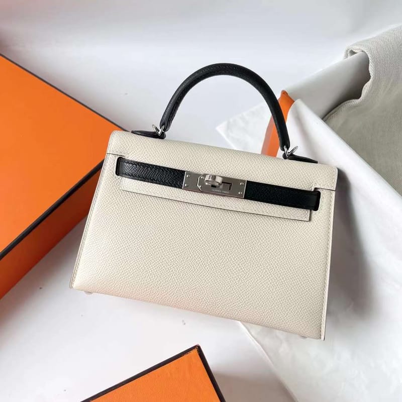 MINI KELLY EPSOM CK10 CREAMY WHITE & CK89 BLACK SILVER HARDWARE PHW 19CM FULL HANDMADE