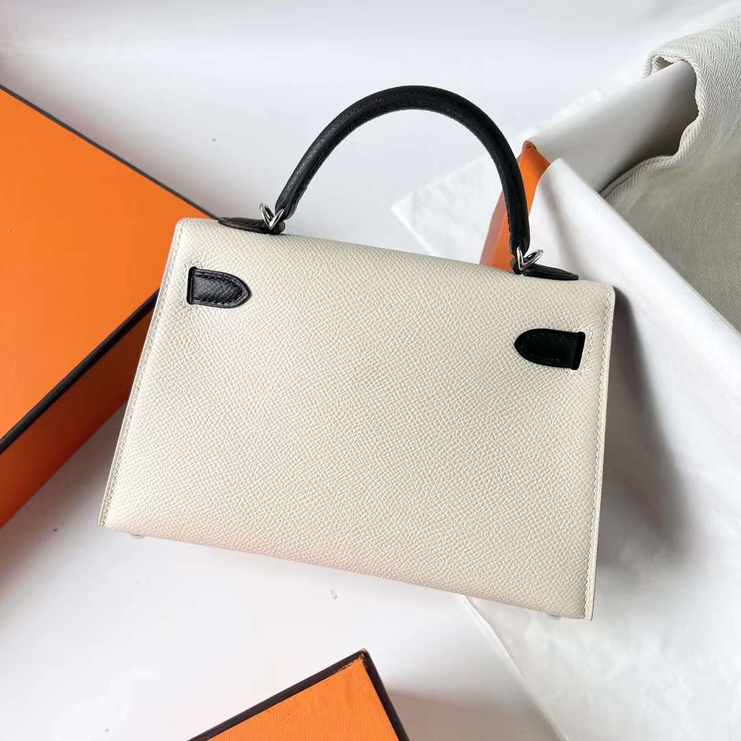MINI KELLY EPSOM CK10 CREAMY WHITE & CK89 BLACK SILVER HARDWARE PHW 19CM FULL HANDMADE