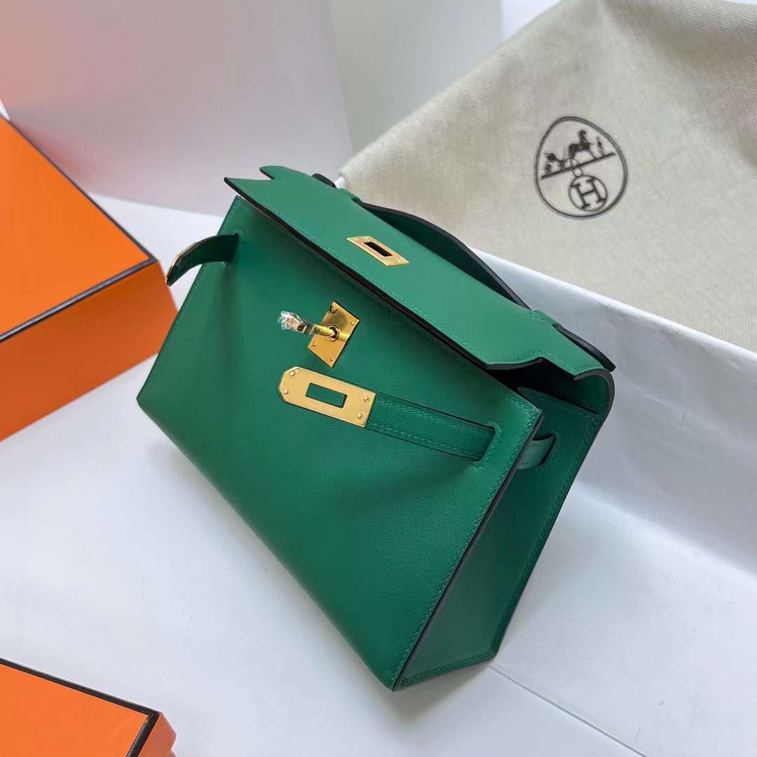 MINI KELLY POCHETTE SWIFT U4 VELVET GREEN GOLD HARDWARE GHW 22CM FULL HANDMADE