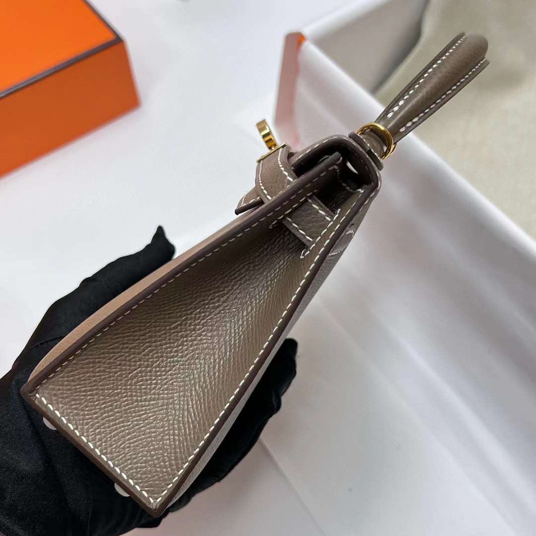 MINI KELLY EPSOM CK18 ETOUPE GREY GOLD HARDWARE GHW 19CM FULL HANDMADE