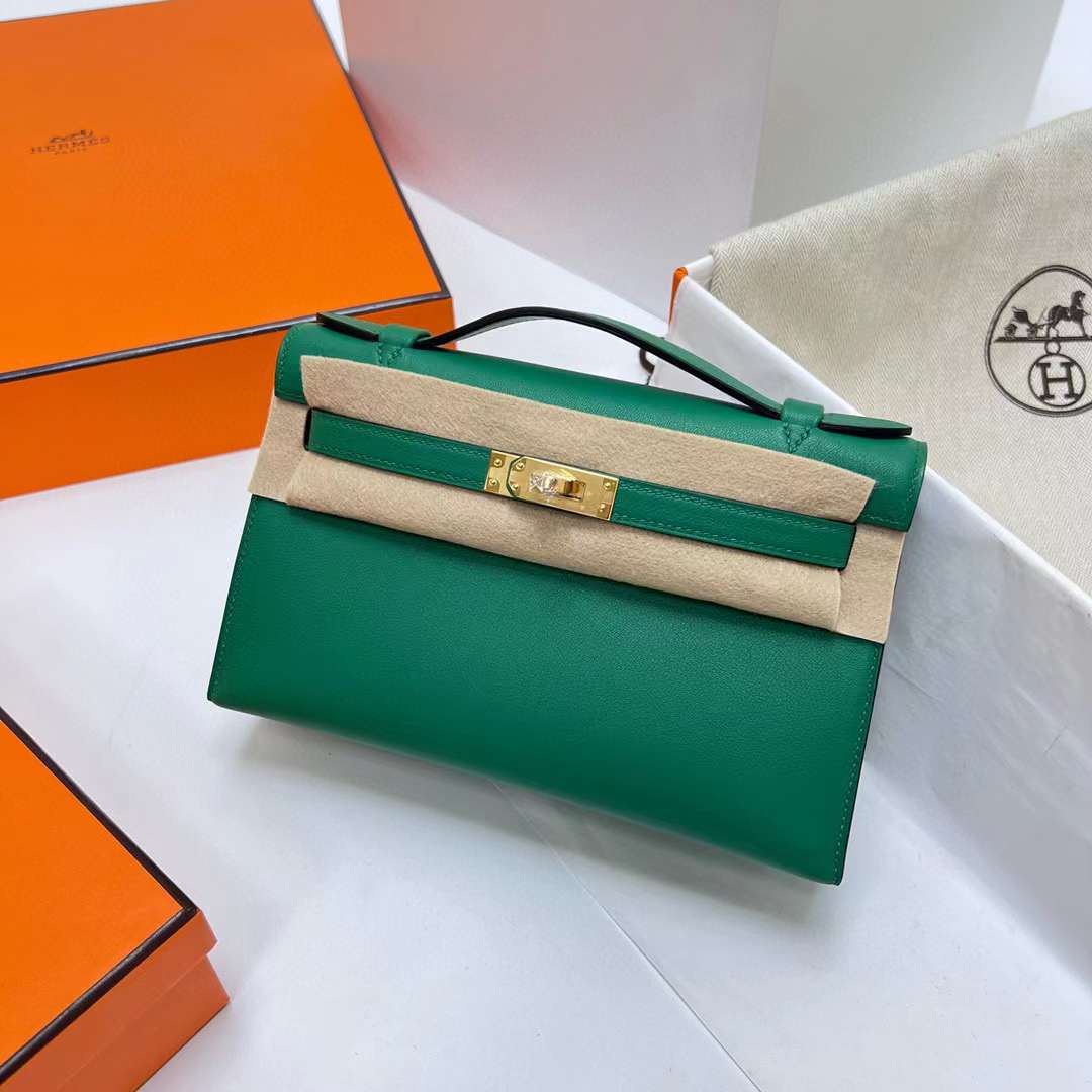 MINI KELLY POCHETTE SWIFT U4 VELVET GREEN GOLD HARDWARE GHW 22CM FULL HANDMADE