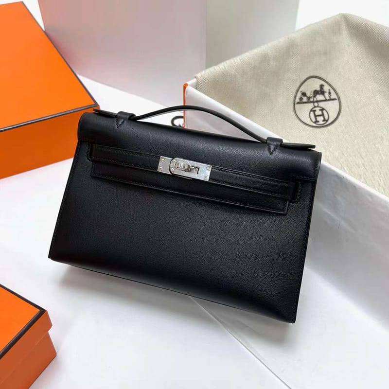 MINI KELLY POCHETTE SWIFT CK89 BLACK SILVER HARDWARE PHW 22CM FULL HANDMADE