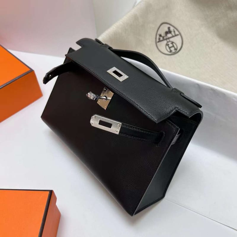 MINI KELLY POCHETTE SWIFT CK89 BLACK SILVER HARDWARE PHW 22CM FULL HANDMADE