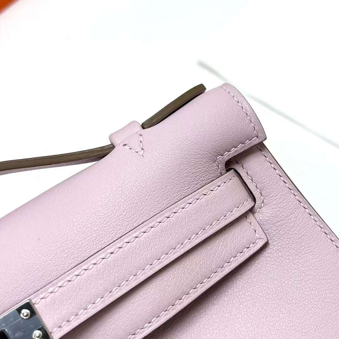MINI KELLY POCHETTE SWIFT 09 LIGHT PINK SILVER HARDWARE PHW 22CM FULL HANDMADE