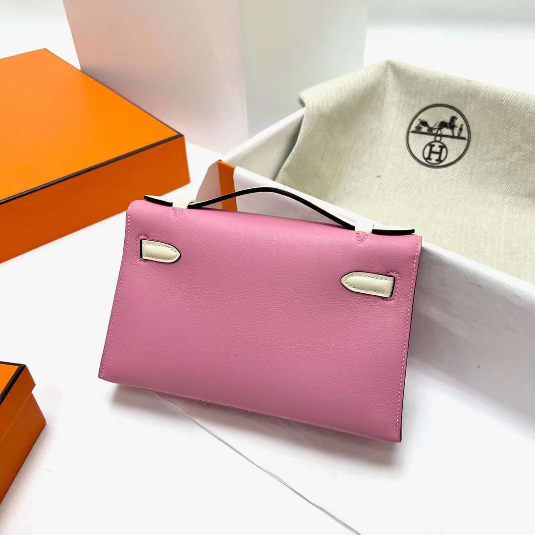 MINI KELLY POCHETTE SWIFT 5P ROSE SAKURA & I2 CREAMY WHITE SILVER HARDWARE PHW 22CM FULL HANDMADE