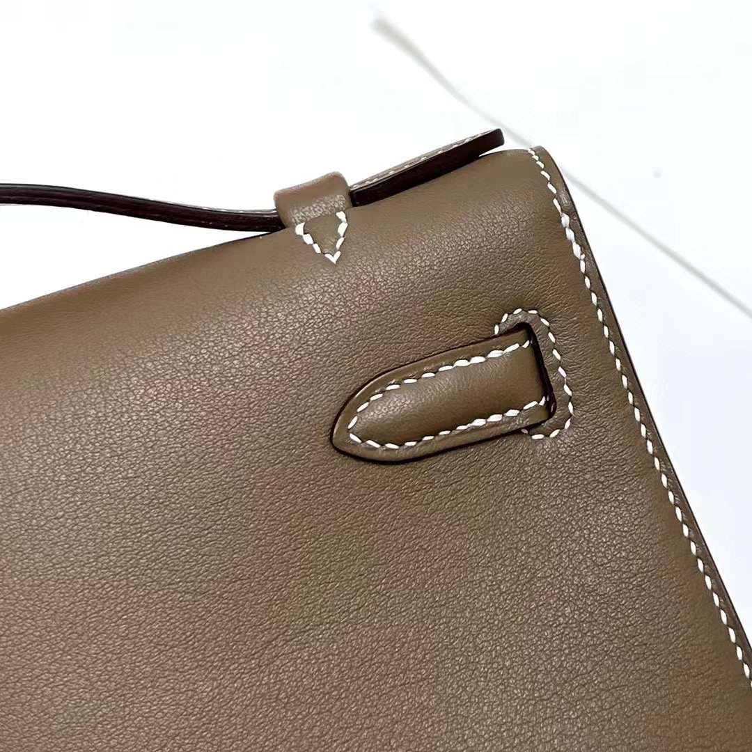 MINI KELLY POCHETTE SWIFT CK18 ETOUPE GREY & 5P SAKURA PINK SILVER HARDWARE PHW 22CM FULL HANDMADE