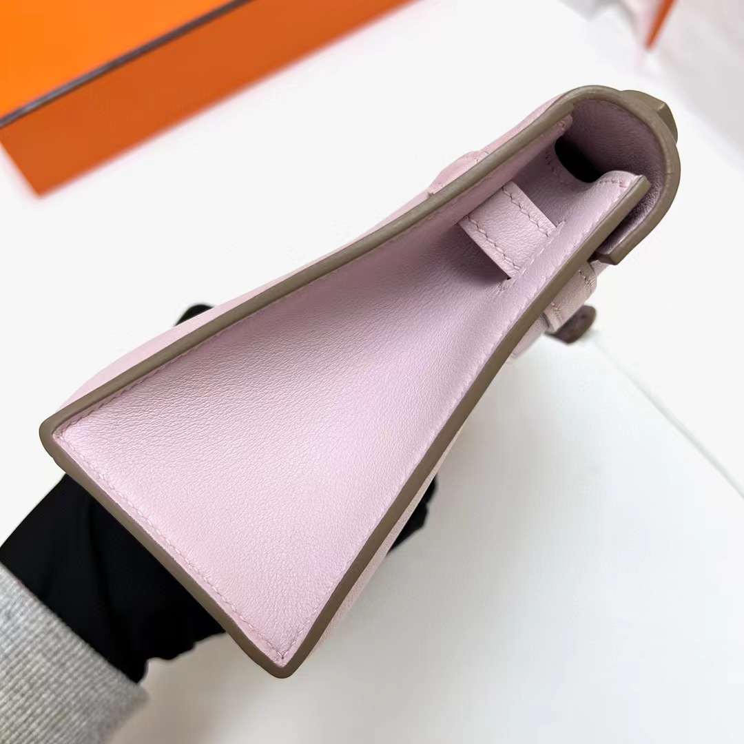 MINI KELLY POCHETTE SWIFT 09 LIGHT PINK SILVER HARDWARE PHW 22CM FULL HANDMADE