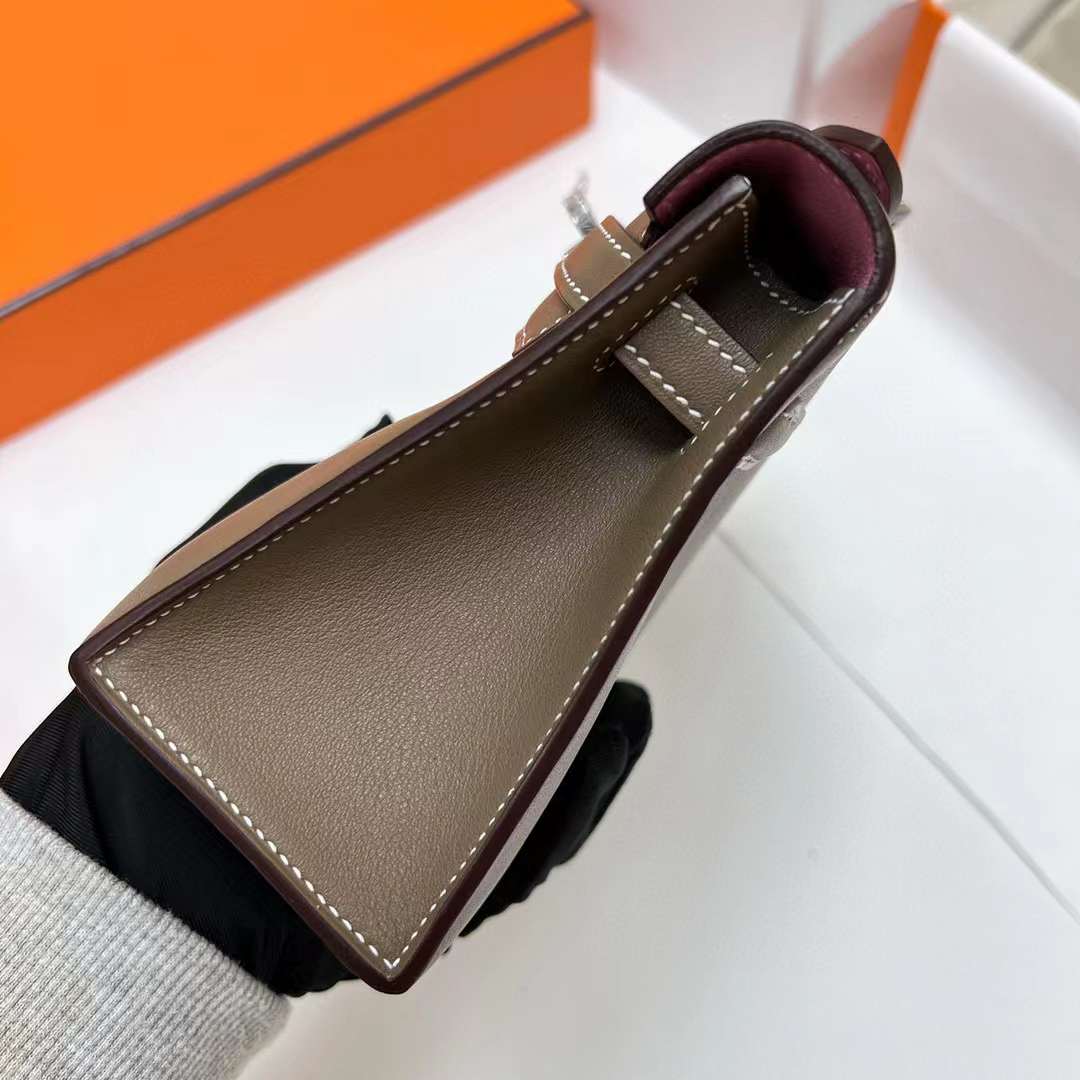 MINI KELLY POCHETTE SWIFT CK18 ETOUPE GREY & 5P SAKURA PINK SILVER HARDWARE PHW 22CM FULL HANDMADE