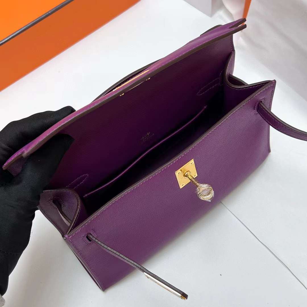 MINI KELLY POCHETTE SWIFT P9 ACTINIAE PURPLE GOLD HARDWARE GHW 22CM FULL HANDMADE