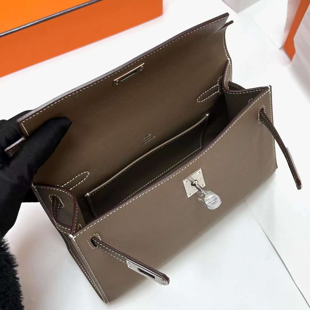 MINI KELLY POCHETTE SWIFT CK18 ETOUPE GREY SILVER HARDWARE PHW 22CM FULL HANDMADE