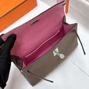 MINI KELLY POCHETTE SWIFT CK18 ETOUPE GREY & 5P SAKURA PINK SILVER HARDWARE PHW 22CM FULL HANDMADE