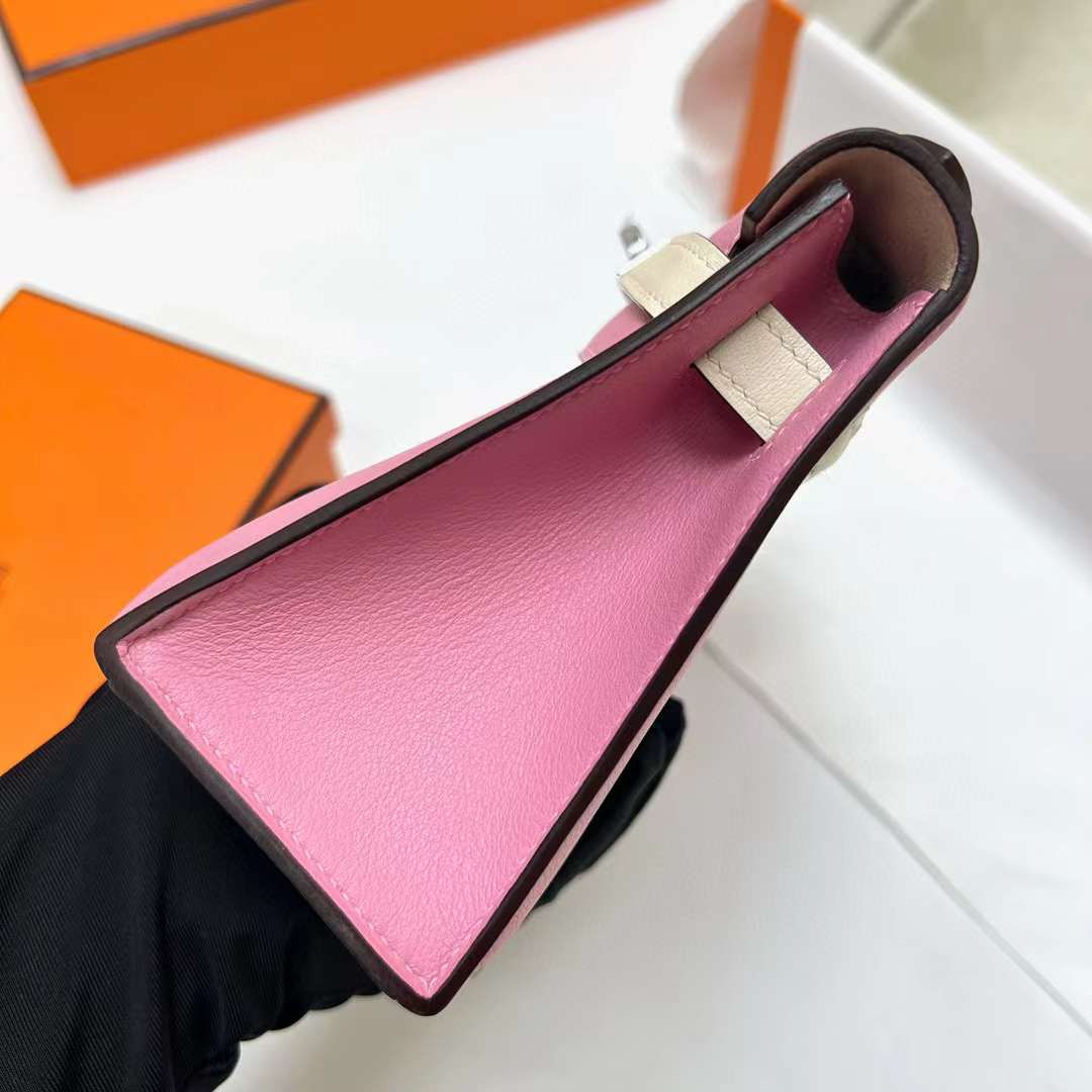 MINI KELLY POCHETTE SWIFT 5P ROSE SAKURA & I2 CREAMY WHITE SILVER HARDWARE PHW 22CM FULL HANDMADE