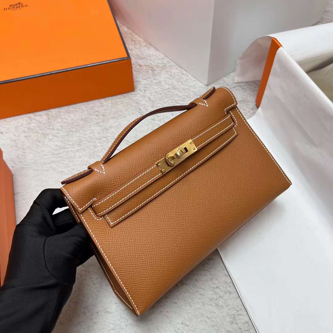 MINI KELLY POCHETTE EPSOM CK37 GOLDEN BROWN GOLD HARDWARE GHW 22CM FULL HANDMADE
