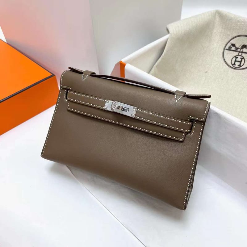 Kelly Pochette Swift Ck18 Etoupe Grey & 5p Sakura Pink Silver Hardware Phw 22cm Full Handmade