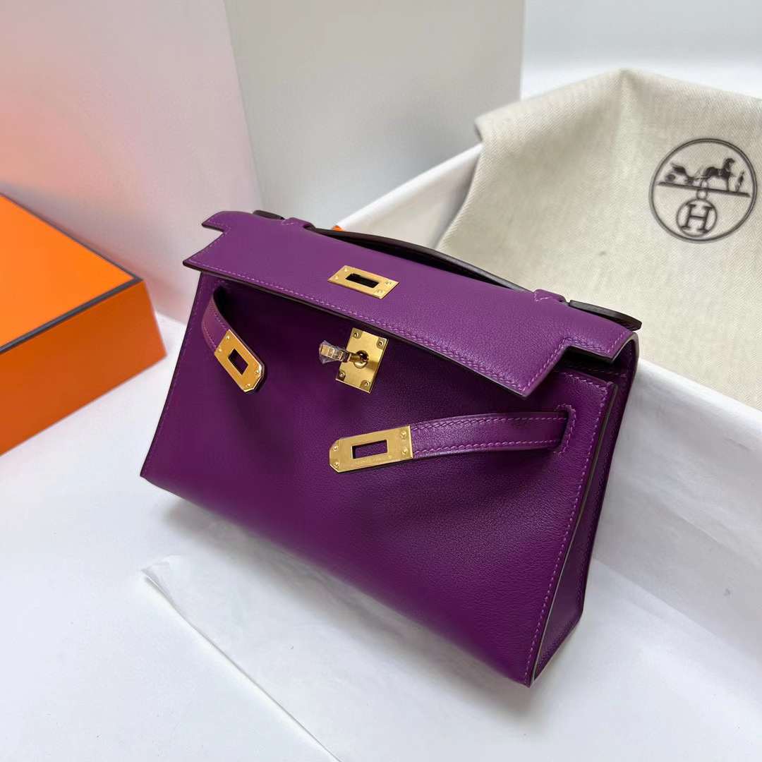 MINI KELLY POCHETTE SWIFT P9 ACTINIAE PURPLE GOLD HARDWARE GHW 22CM FULL HANDMADE