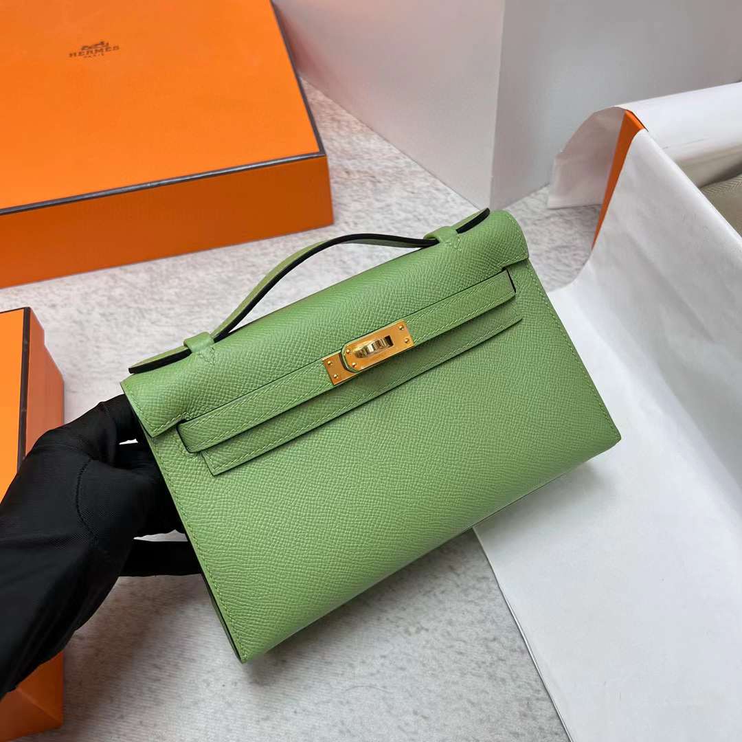 MINI KELLY POCHETTE EPSOM I3 AVOCADO GREEN GOLD HARDWARE GHW 22CM FULL HANDMADE
