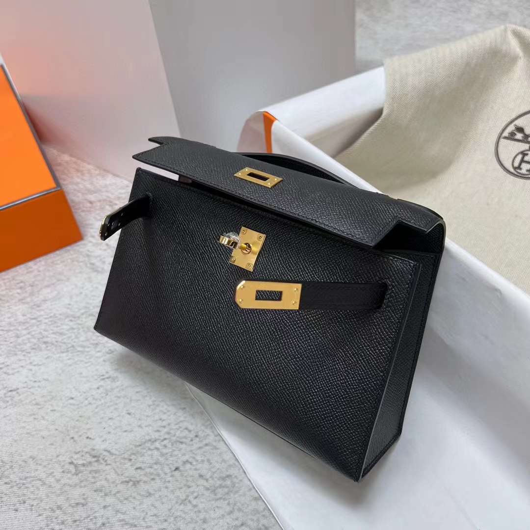 MINI KELLY POCHETTE EPSOM CK89 BLACK GOLD HARDWARE GHW 22CM FULL HANDMADE