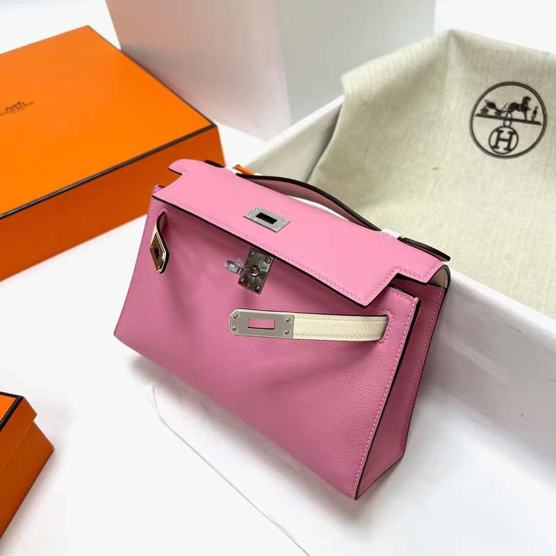 MINI KELLY POCHETTE SWIFT 5P ROSE SAKURA & I2 CREAMY WHITE SILVER HARDWARE PHW 22CM FULL HANDMADE