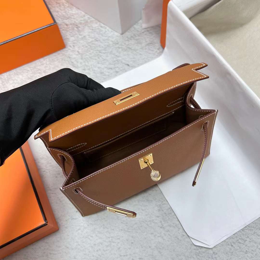 MINI KELLY POCHETTE EPSOM CK37 GOLDEN BROWN GOLD HARDWARE GHW 22CM FULL HANDMADE